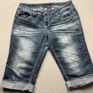 Ariya Jeans Blue Denim Bermuda Shorts Embroidered Pockets Size 13/14 Capris
